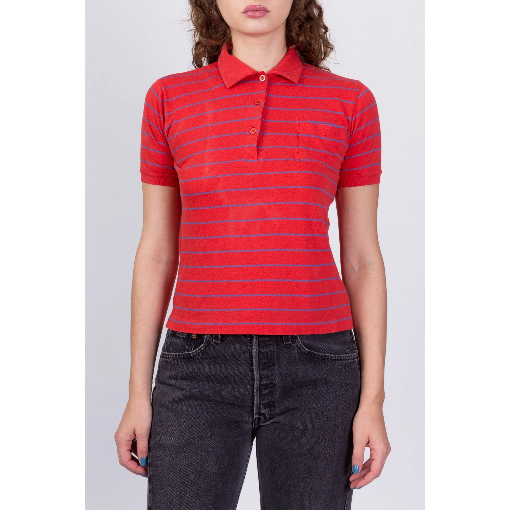 80s Red Striped Polo Shirt - Small