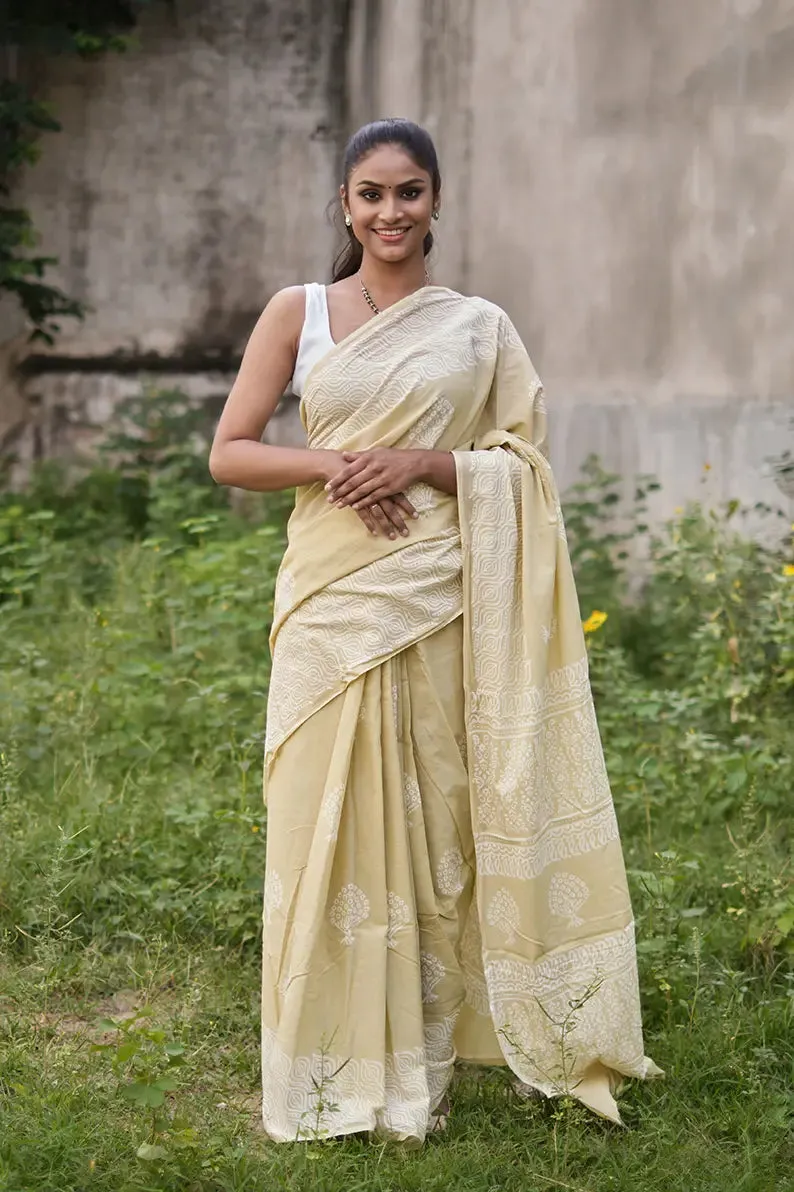 Afternoon in Calicut - Cream Yellow Hand Block Print Mulmul Cotton Bagru Saree