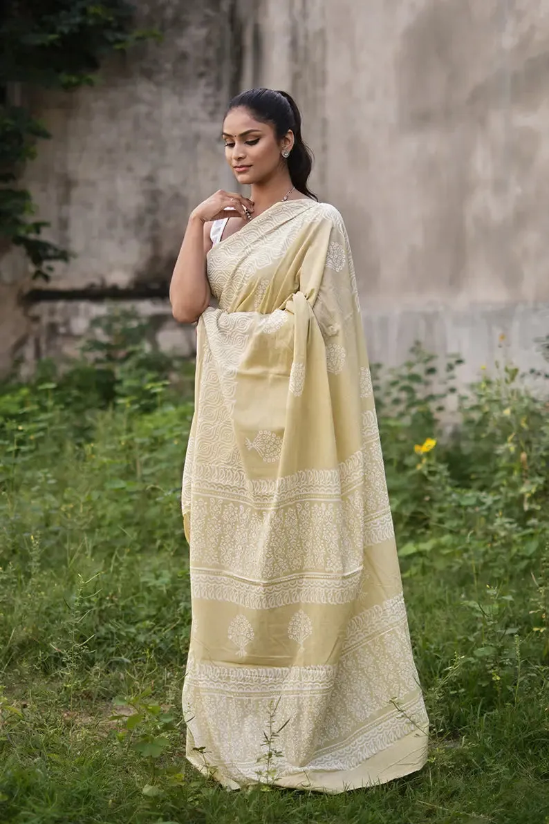 Afternoon in Calicut - Cream Yellow Hand Block Print Mulmul Cotton Bagru Saree