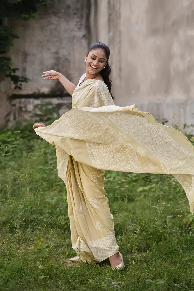 Afternoon in Calicut - Cream Yellow Hand Block Print Mulmul Cotton Bagru Saree