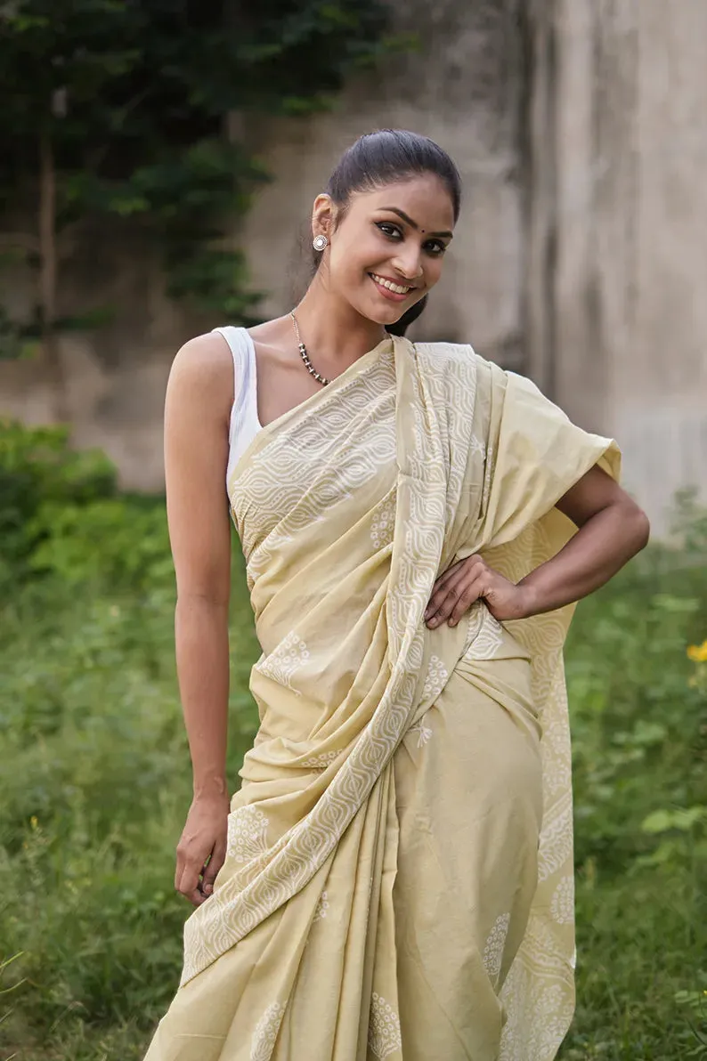 Afternoon in Calicut - Cream Yellow Hand Block Print Mulmul Cotton Bagru Saree