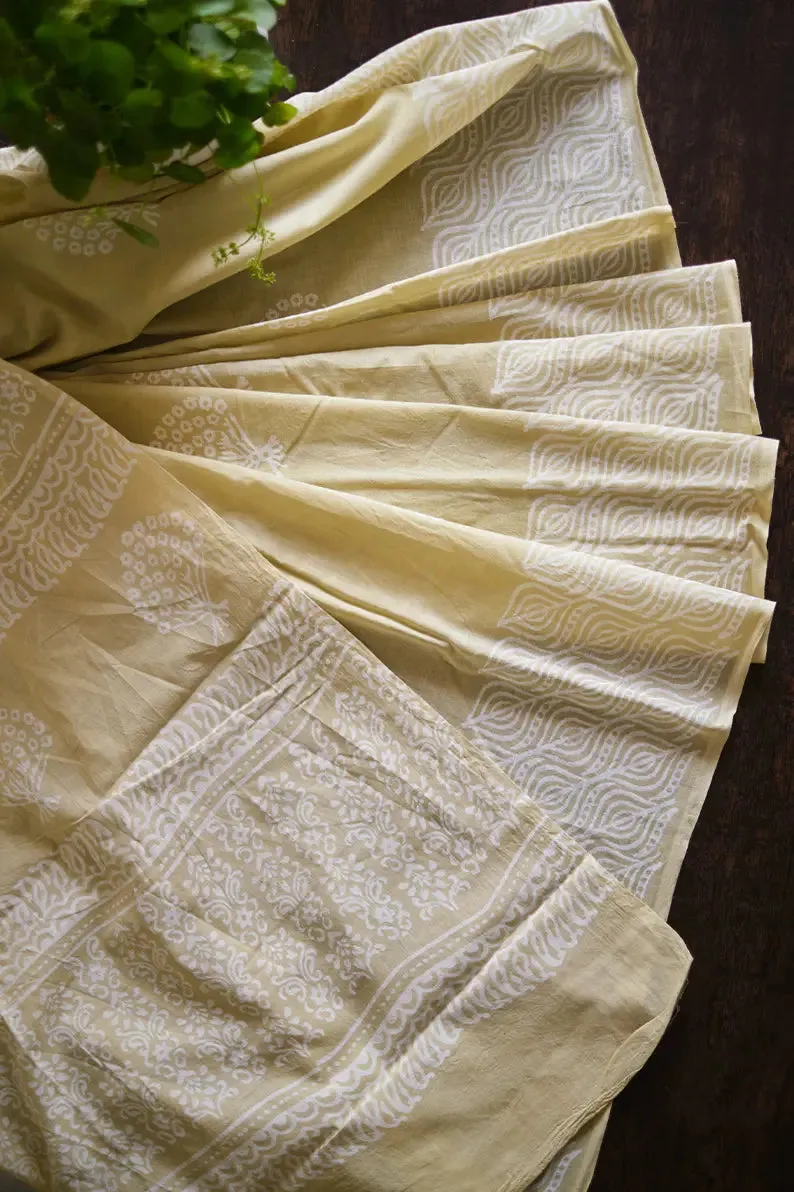 Afternoon in Calicut - Cream Yellow Hand Block Print Mulmul Cotton Bagru Saree