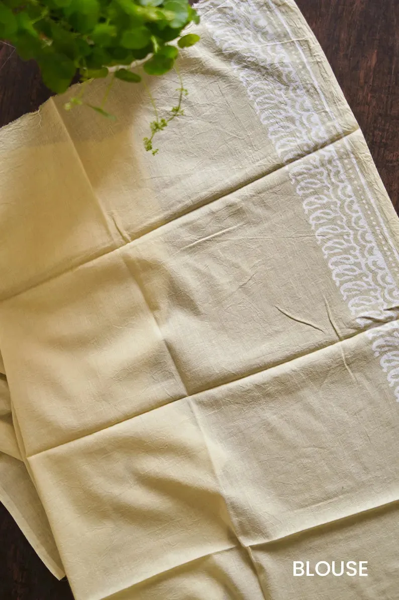 Afternoon in Calicut - Cream Yellow Hand Block Print Mulmul Cotton Bagru Saree