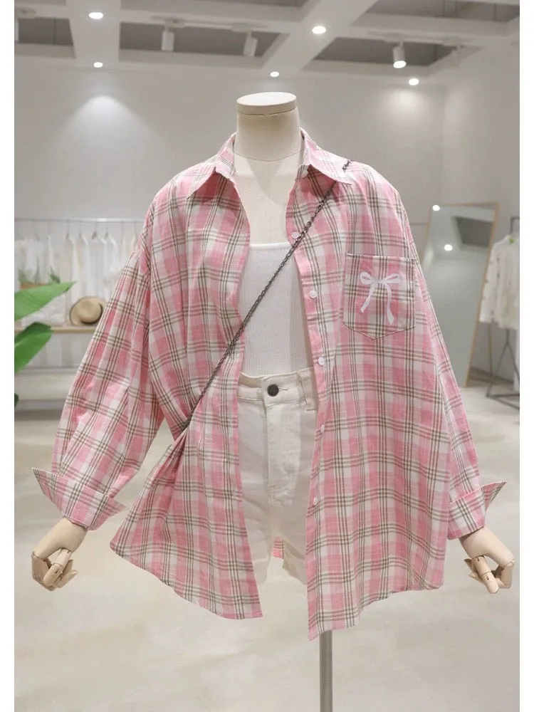 Breathable pocket bow print 2024 summer loose medium-length thin long-sleeved sunscreen plaid shirt for women