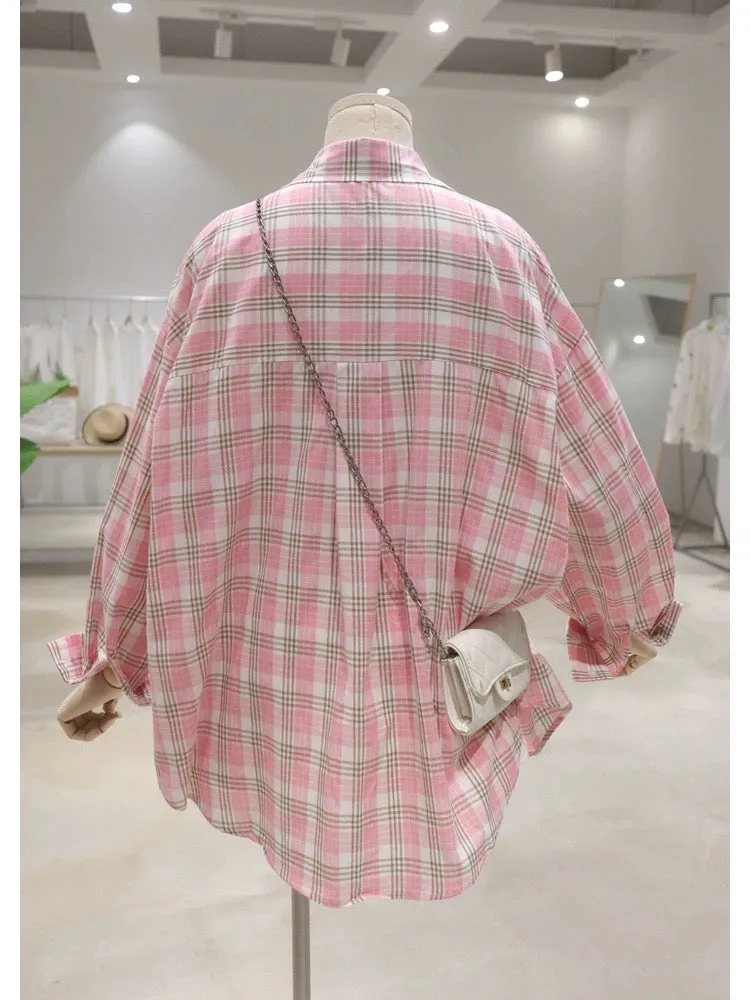 Breathable pocket bow print 2024 summer loose medium-length thin long-sleeved sunscreen plaid shirt for women