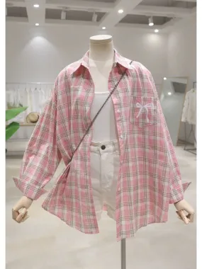 Breathable pocket bow print 2024 summer loose medium-length thin long-sleeved sunscreen plaid shirt for women