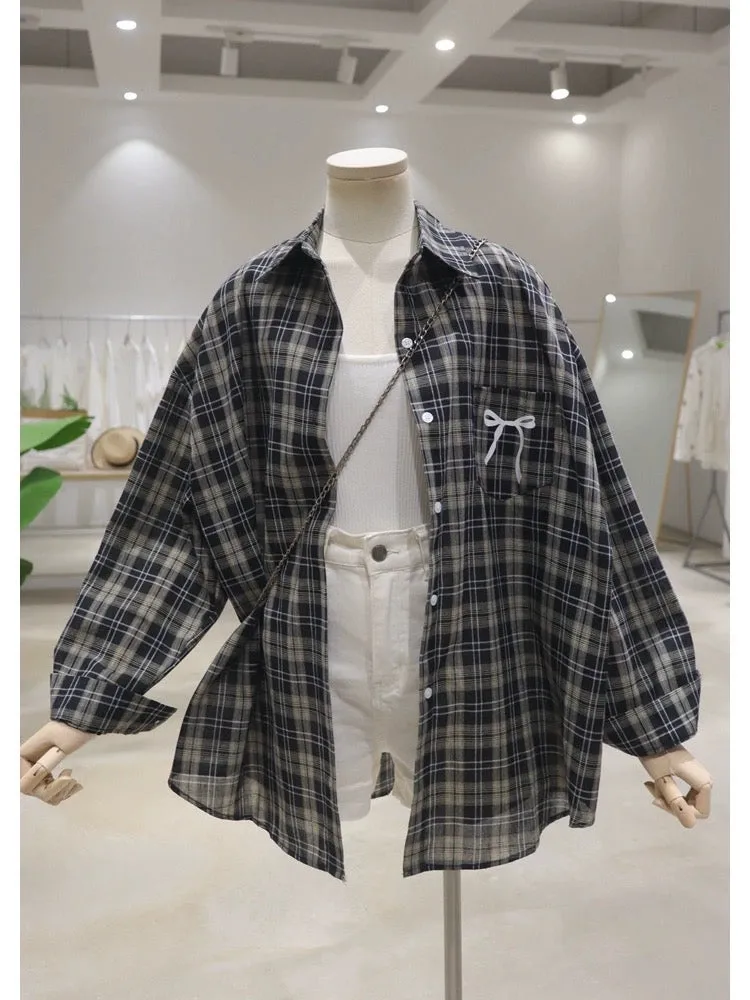 Breathable pocket bow print 2024 summer loose medium-length thin long-sleeved sunscreen plaid shirt for women