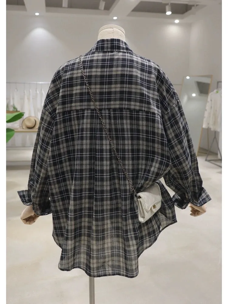 Breathable pocket bow print 2024 summer loose medium-length thin long-sleeved sunscreen plaid shirt for women