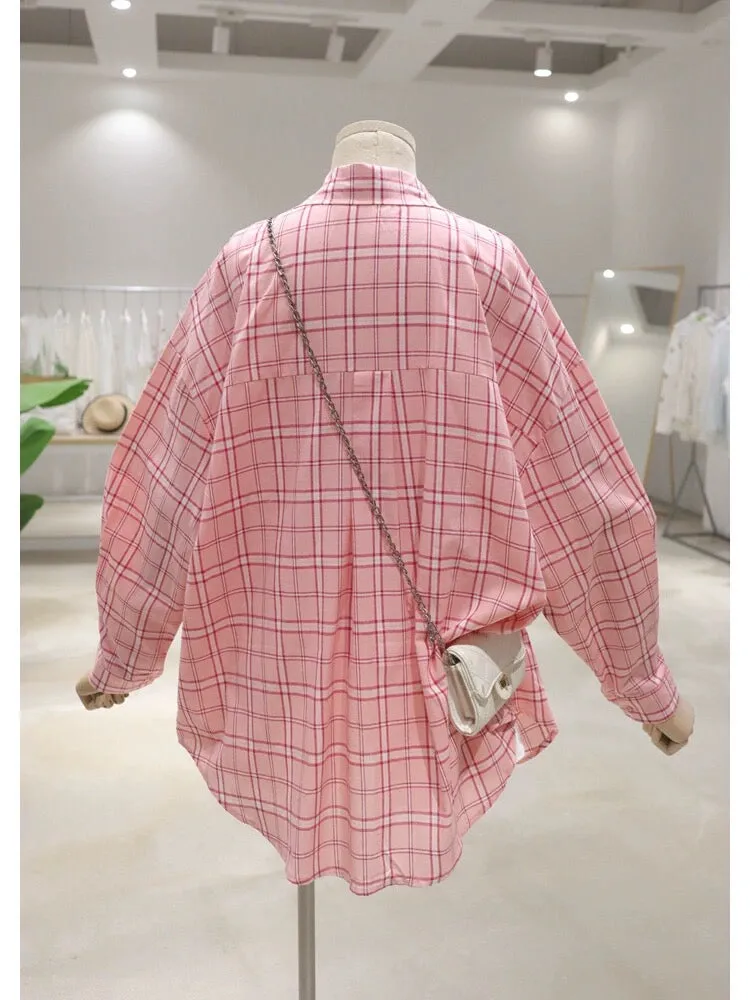 Breathable pocket small smiley patch 2024 summer loose medium and long cotton thin sunscreen long-sleeved plaid shirt for women