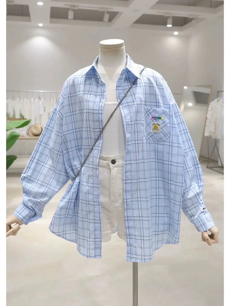 Breathable pocket small smiley patch 2024 summer loose medium and long cotton thin sunscreen long-sleeved plaid shirt for women