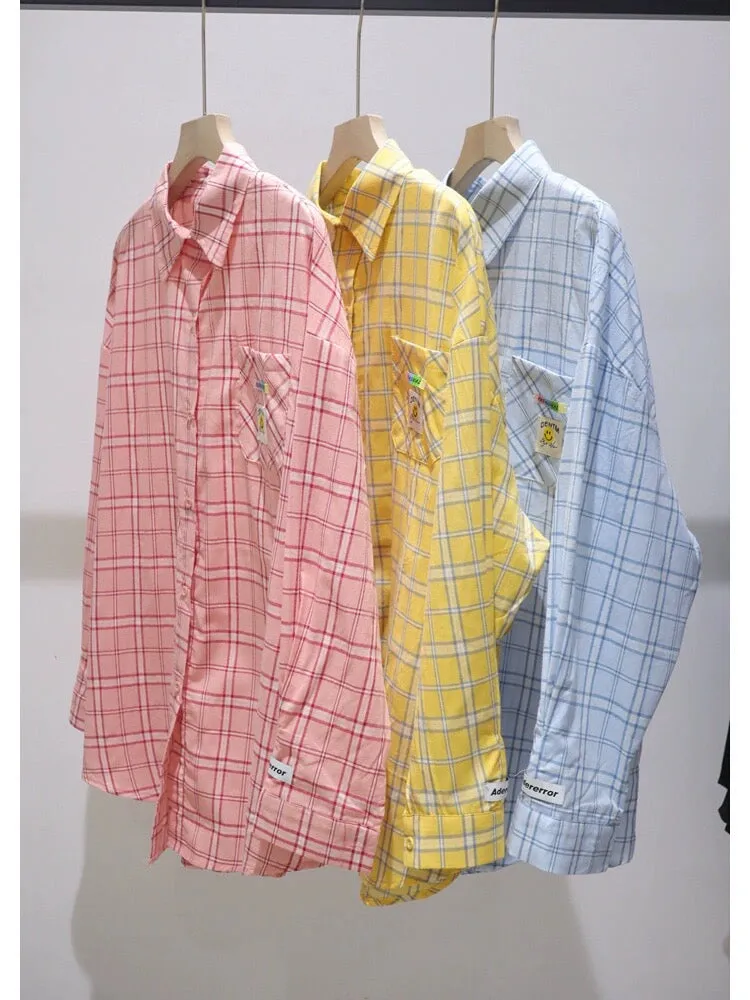 Breathable pocket small smiley patch 2024 summer loose medium and long cotton thin sunscreen long-sleeved plaid shirt for women