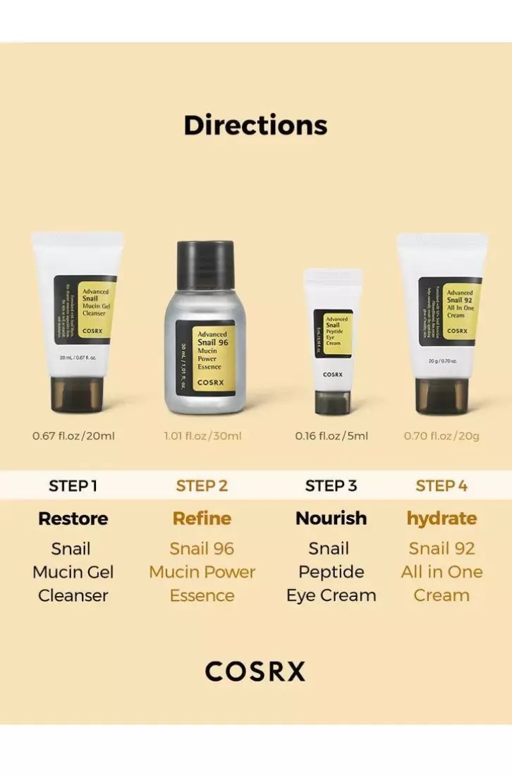 COSRX Cosrx All About Snail Kit(Gel Cleanser 20ml,Essence 30ml,Eye Cream 5ml & 92 Cream 20g)