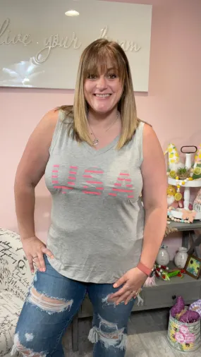 Grey and Pink USA Tank