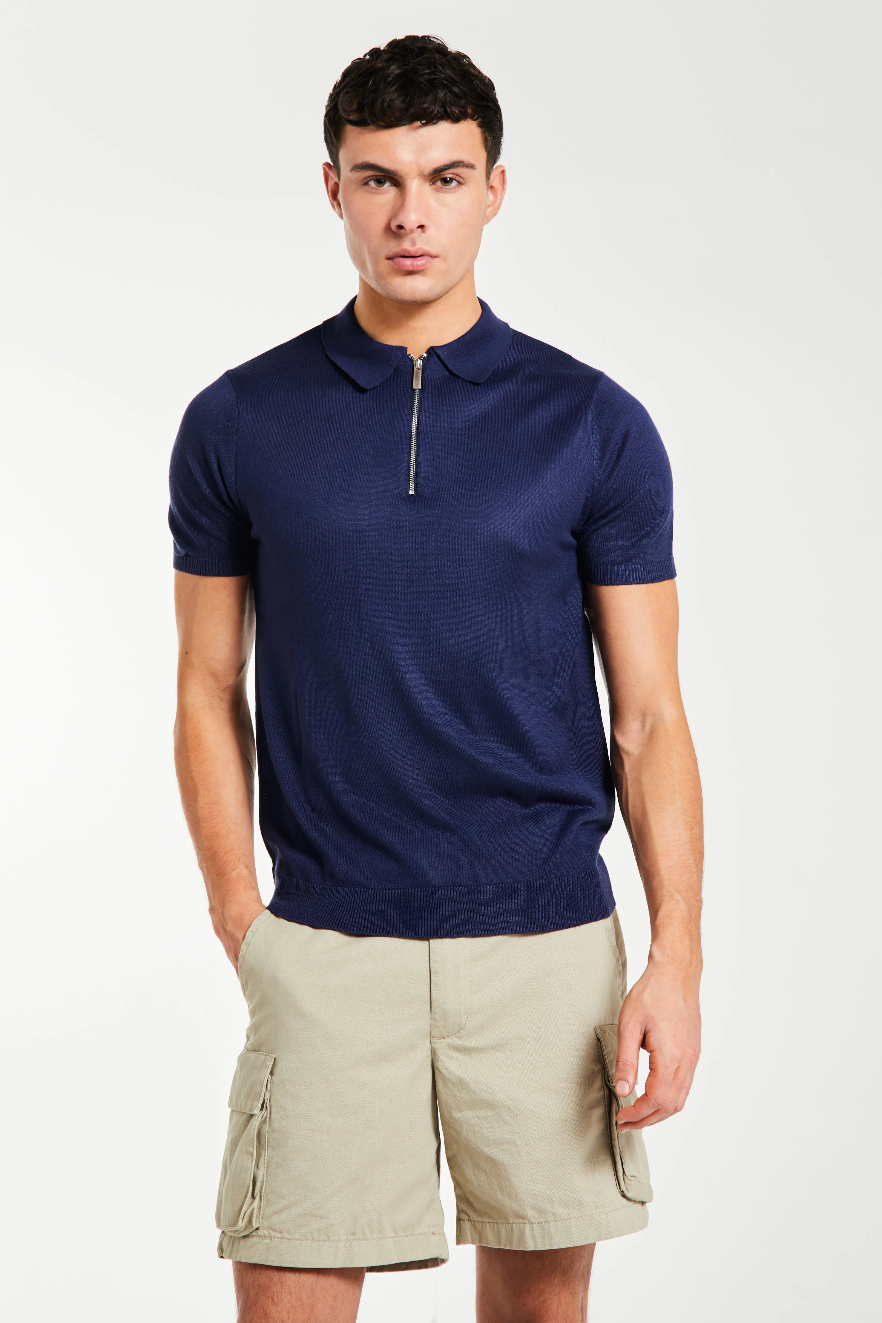 Harrison Knitted Zip Polo in Navy