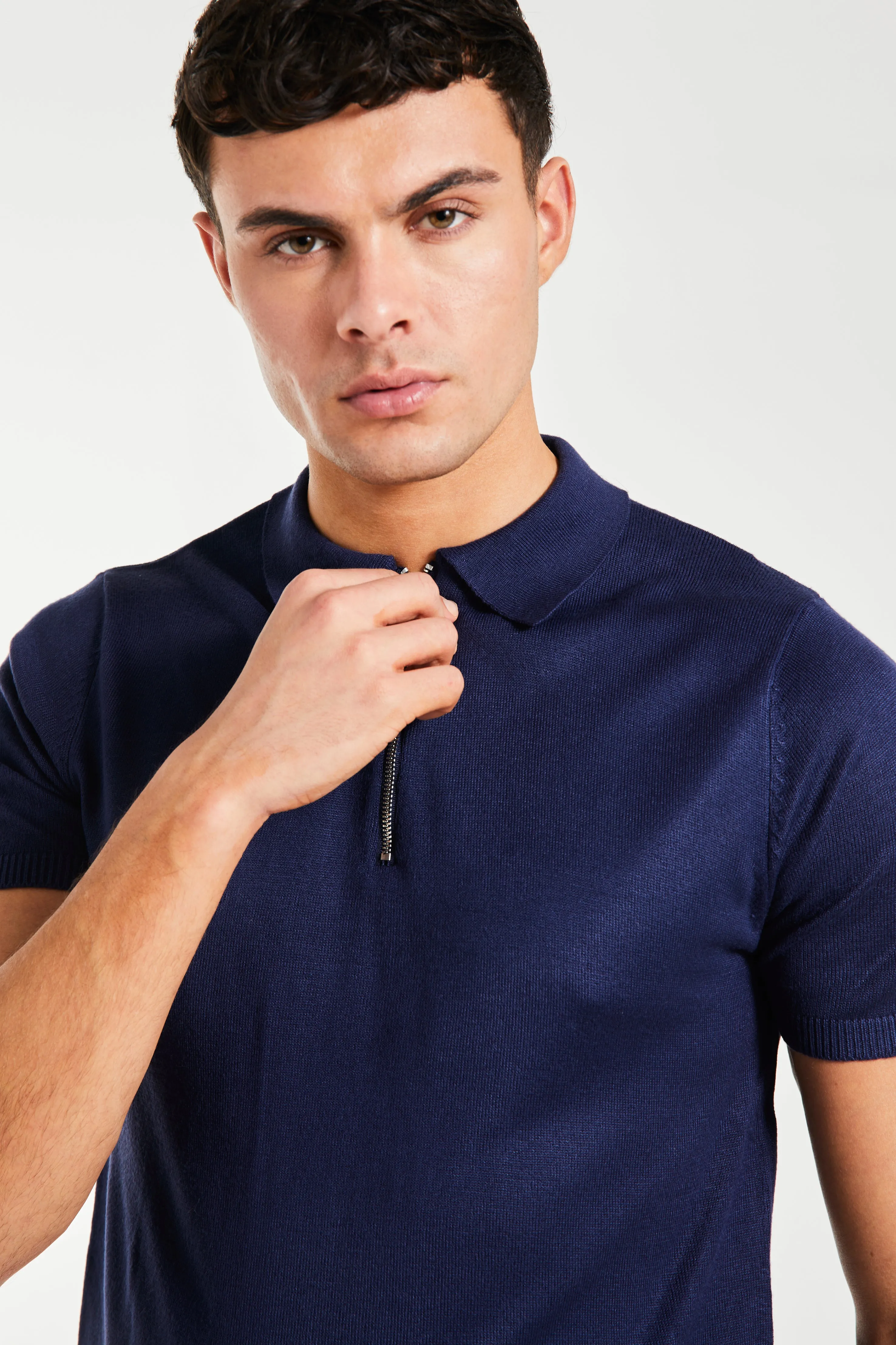 Harrison Knitted Zip Polo in Navy