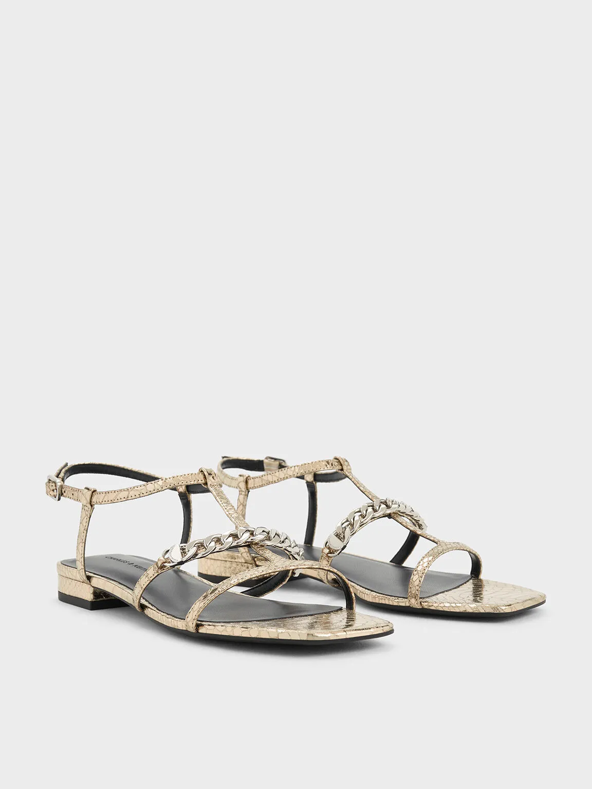 Metallic Snake-Print T-Bar Chain-Link Sandals - Animal Print Gold