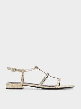 Metallic Snake-Print T-Bar Chain-Link Sandals - Animal Print Gold