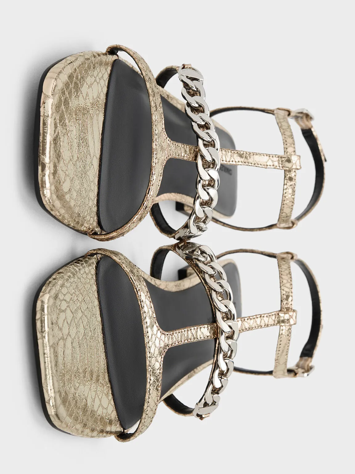 Metallic Snake-Print T-Bar Chain-Link Sandals - Animal Print Gold