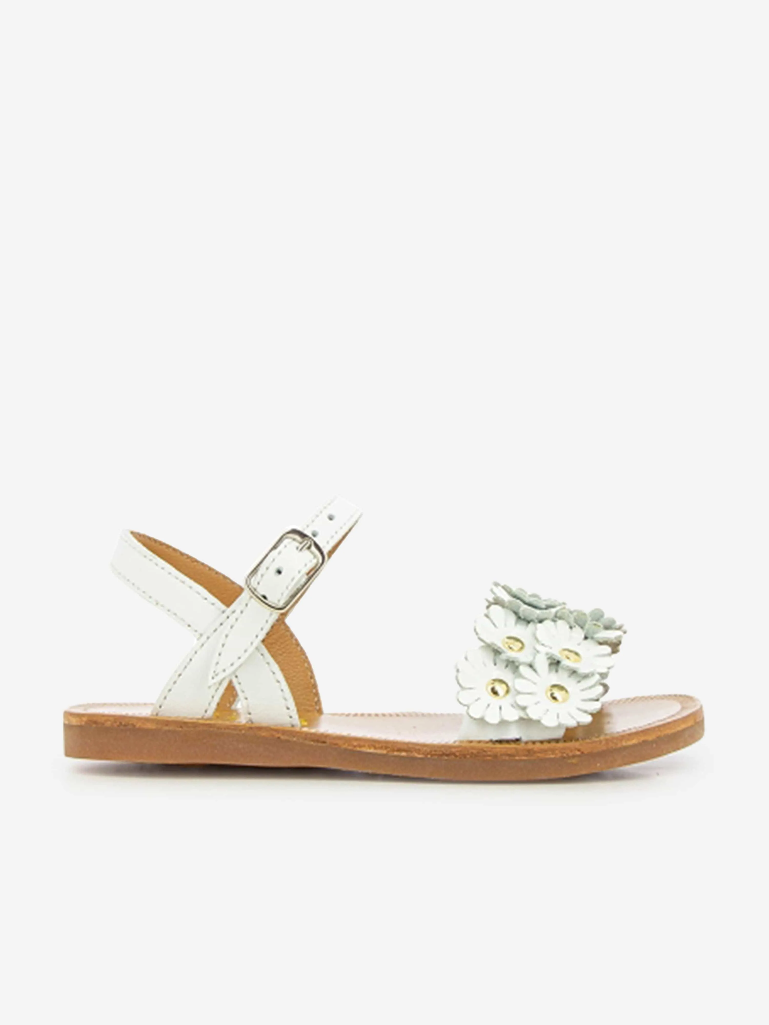 Pom D'Api Girls Leather Plagette Multi Flower Sandals in White