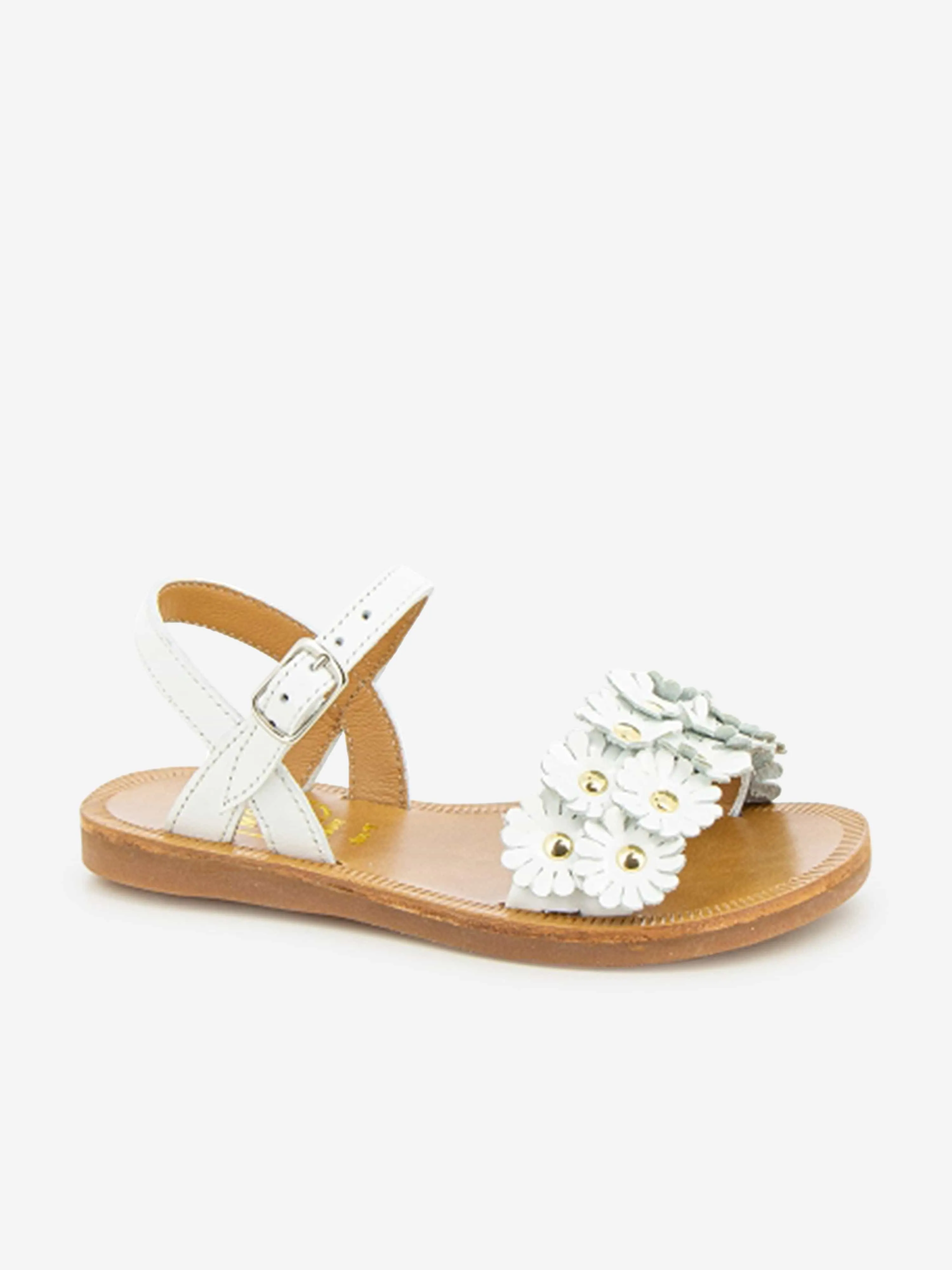 Pom D'Api Girls Leather Plagette Multi Flower Sandals in White