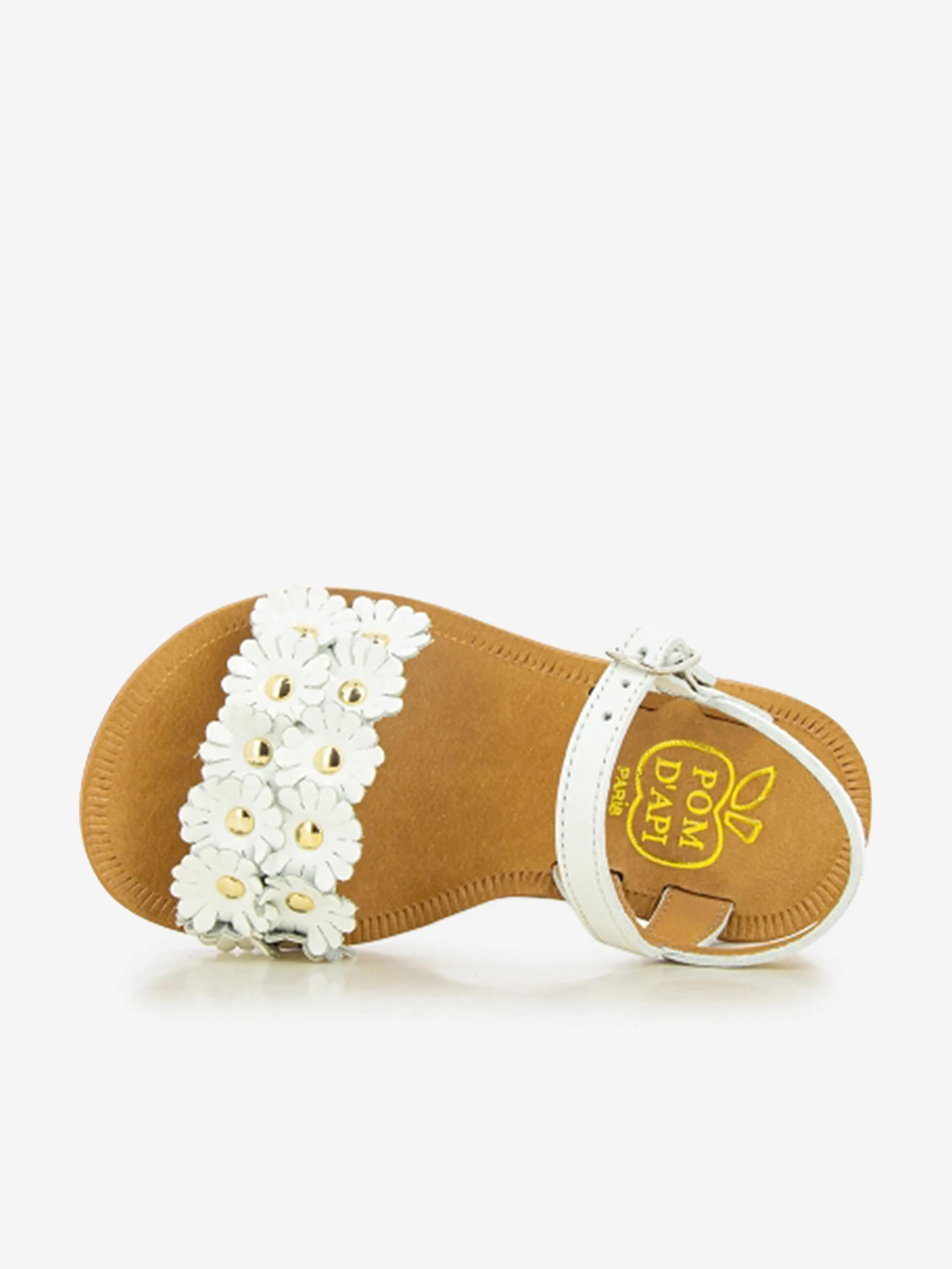 Pom D'Api Girls Leather Plagette Multi Flower Sandals in White