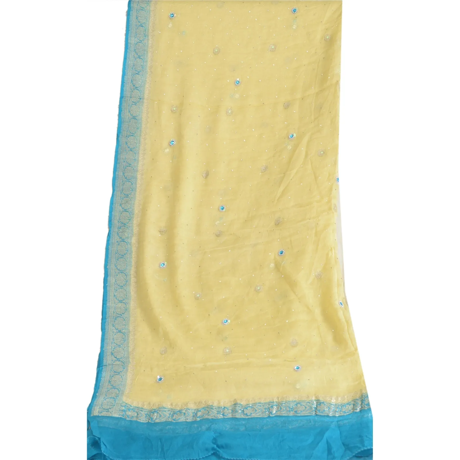 Sanskriti Vintage Long Dupatta Stole Pure Silk Cream/Blue Hand Beaded Brocade