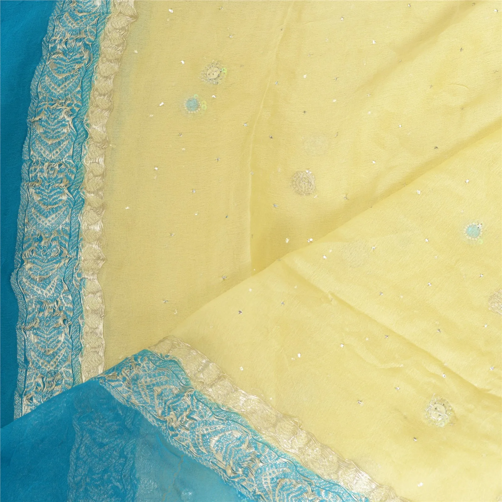 Sanskriti Vintage Long Dupatta Stole Pure Silk Cream/Blue Hand Beaded Brocade