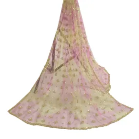 Sanskriti Vintage Pink/Cream Long Dupatta Stole Net Mesh Hand Beaded Veil