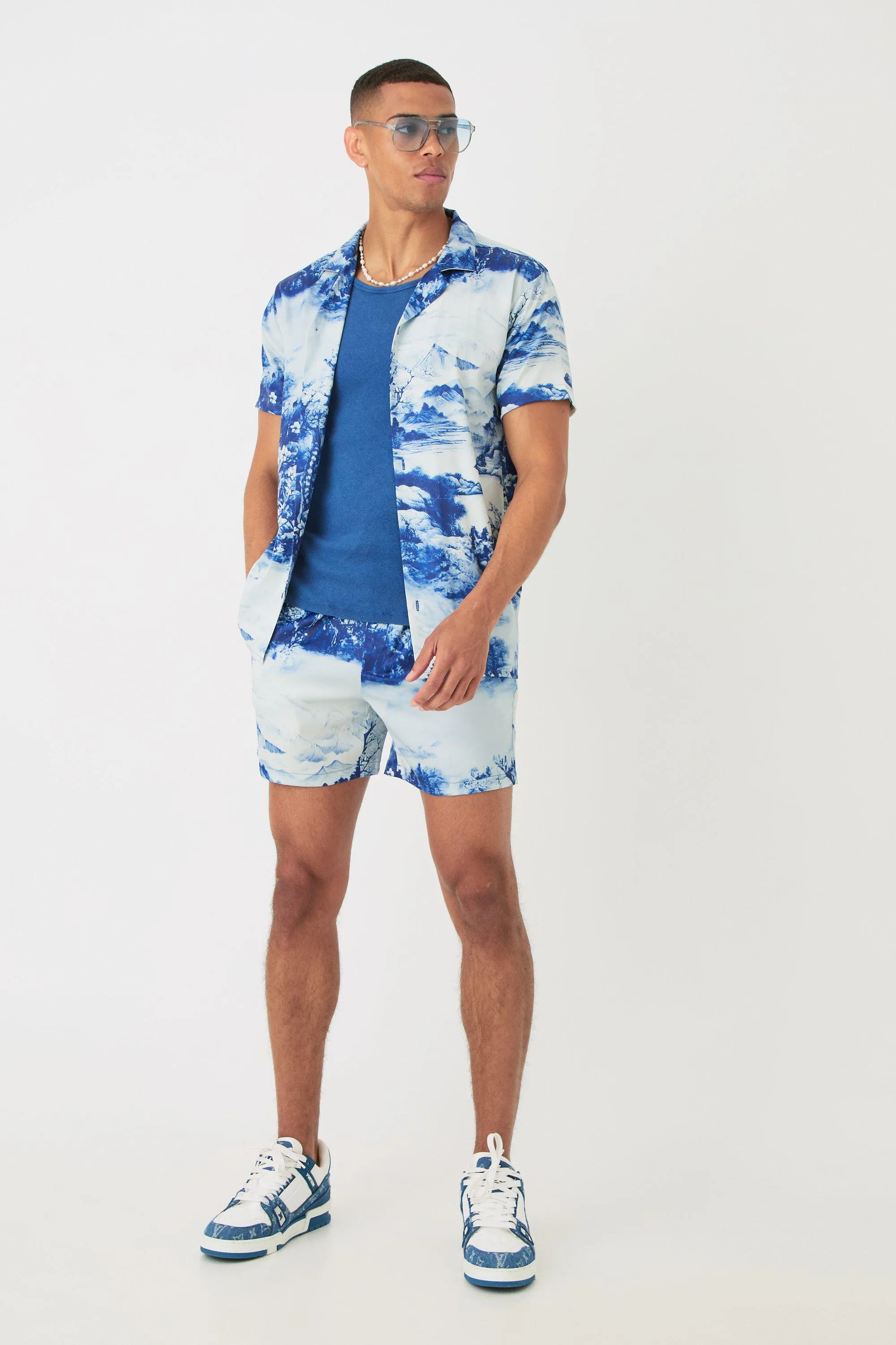 Short Sleeve Satin Tile Shirt & Short | boohooMAN UK