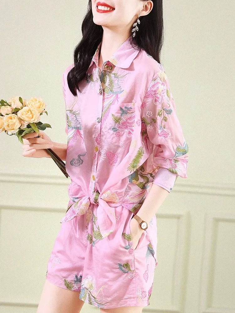 Summer women's high-end, exquisite and beautiful heavy-duty flower embroidery pink sunscreen long-sleeved shirt and shorts two-p