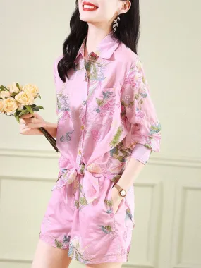 Summer women's high-end, exquisite and beautiful heavy-duty flower embroidery pink sunscreen long-sleeved shirt and shorts two-p