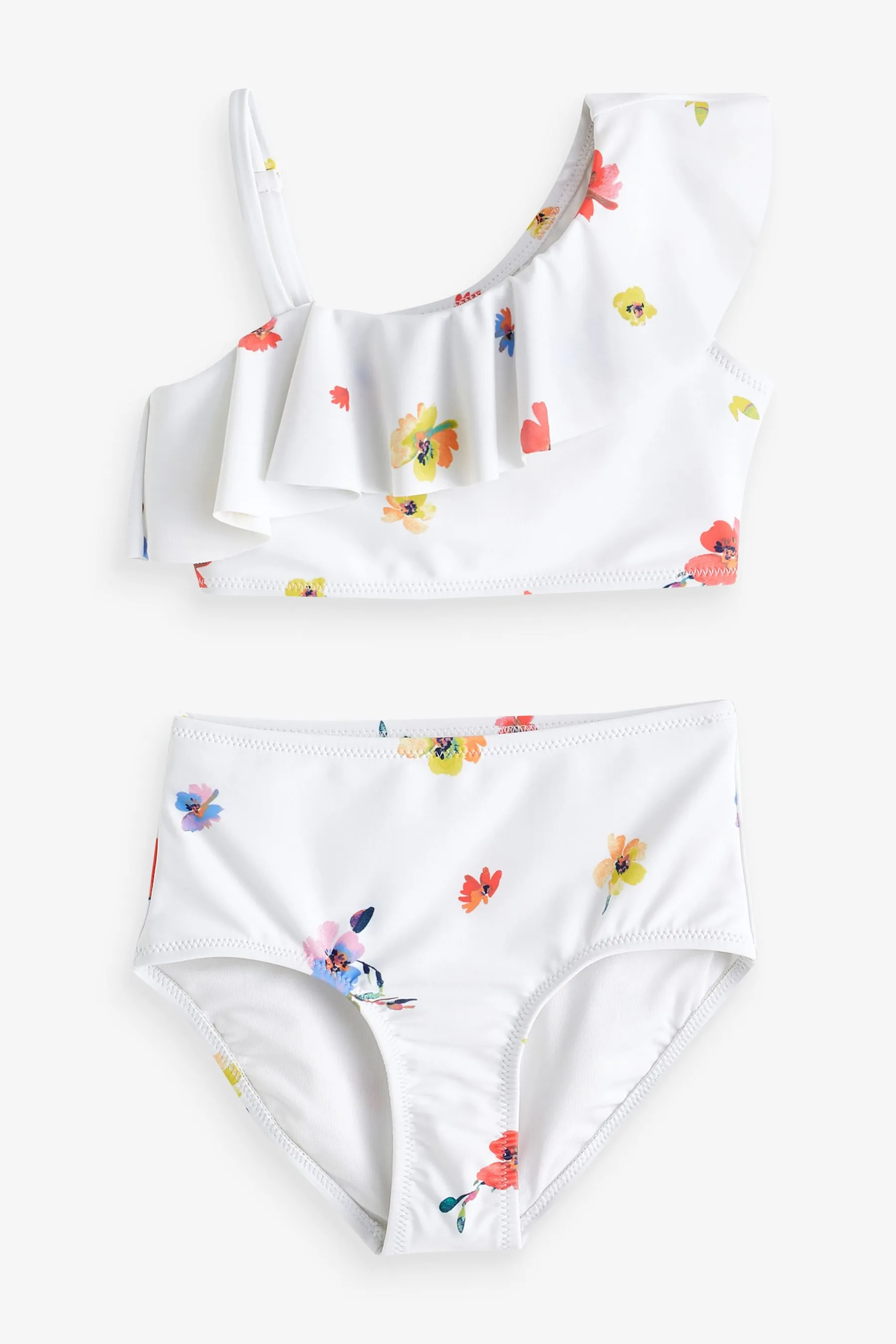 White Floral Asymmetric Ruffle Bikini (4-12yrs)